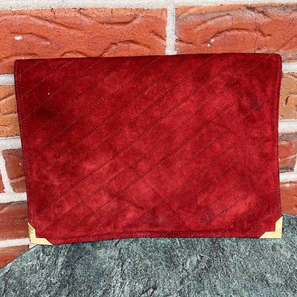 Bloomingdales Genuine Suede/Leather Evening Envelope Burgundy Clutch
